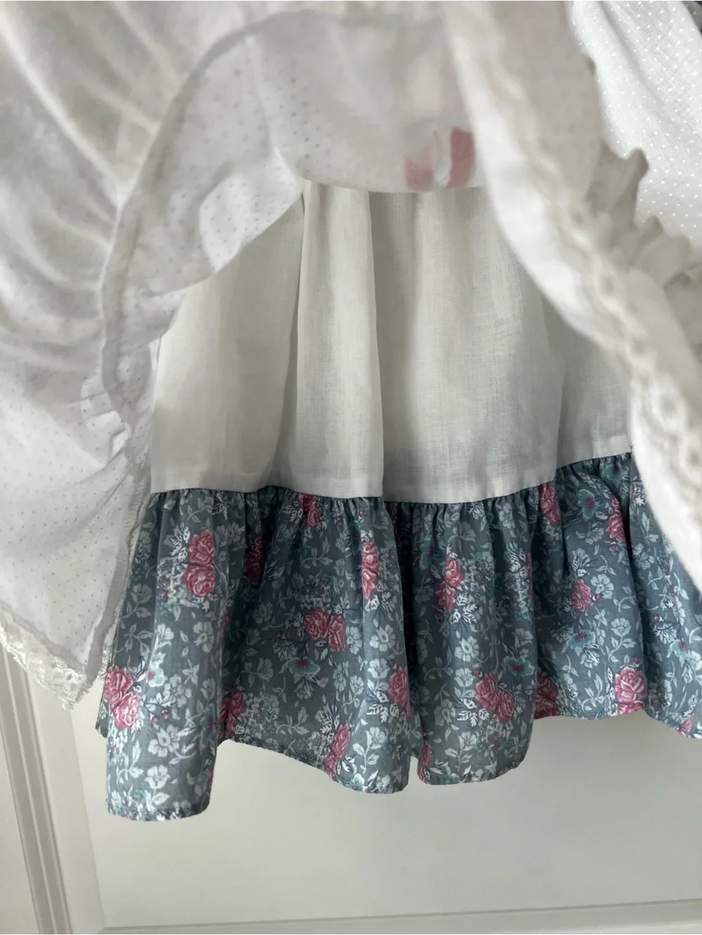 Vitage Peppercorns White & Blue Floral Ruffle Kids Dress with Pink Bow